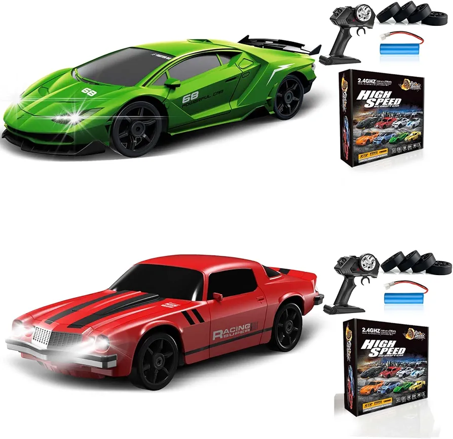 2PCS RC Drift Car 1:24 Remote Control Car 4WD 15KM/H High Speed Racing Sport Car with LED Lights RC Cars Toy Cars for Kids Boys Girls Adults Gifts Birthday Christmas Rechargeable Batteries