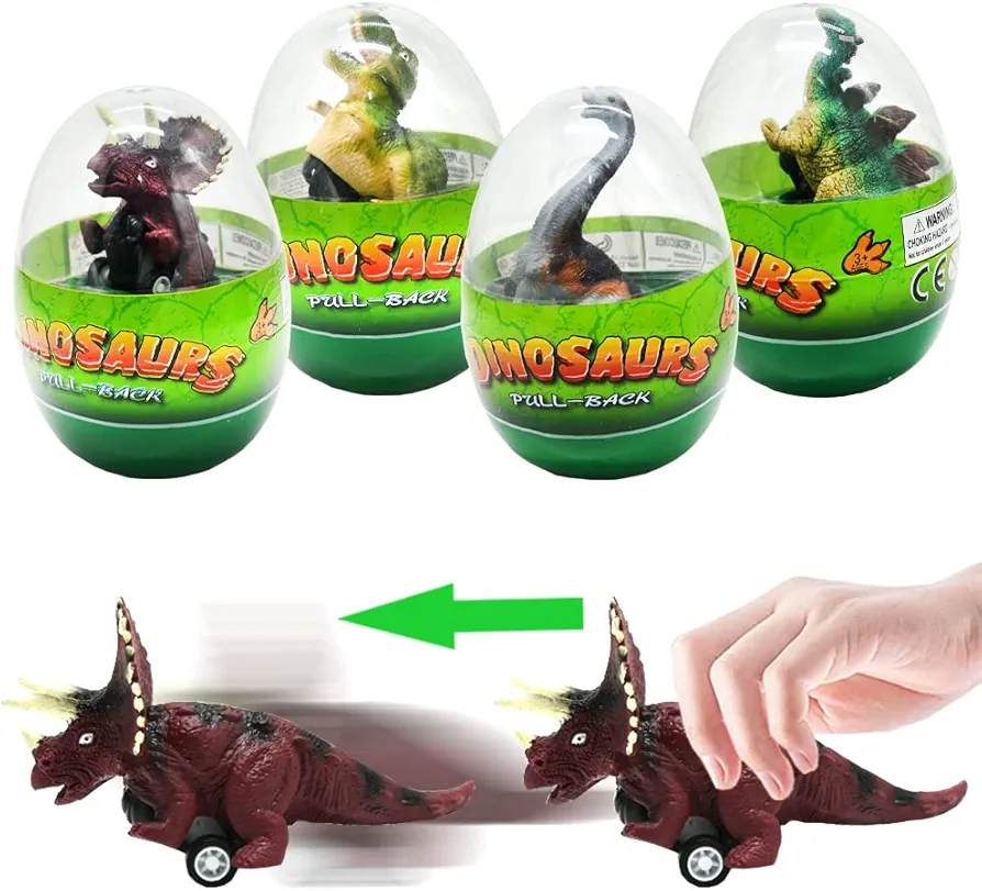 Easter Egg Prefilled with Dinosaur Pull Back Cars Toys, 4 Pcs Jumbo T-Rex Triceratops Dino for Basket Stuffers, Party Favors, Gift Kids Toddlers Boys Girls