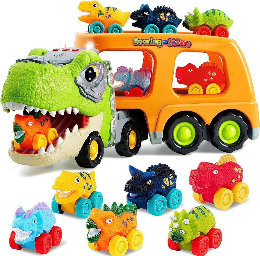 JOYIN Dinosaur Truck Toys for Kids, Kids Toys Boys Age 3 4 5, Dinosaur Car Carrier Truck Toy with 6 Rubber Car Vehicles, Toddler Birthday Gifts with Music & Lights for 3 4 5 Year Old Boys