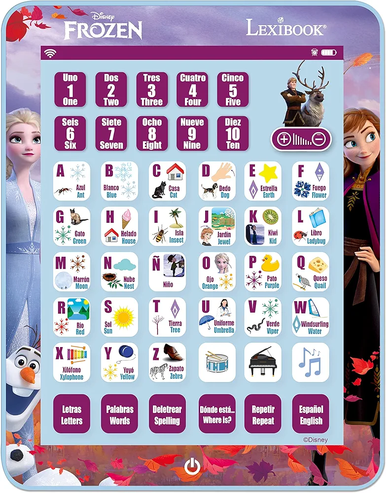 LEXiBOOK Disney Frozen, Educational Bilingual Learning Tablet, Learn Letters Numbers Words Spelling and Music, English/Spanish Languages, Blue, JCPAD002FZi2