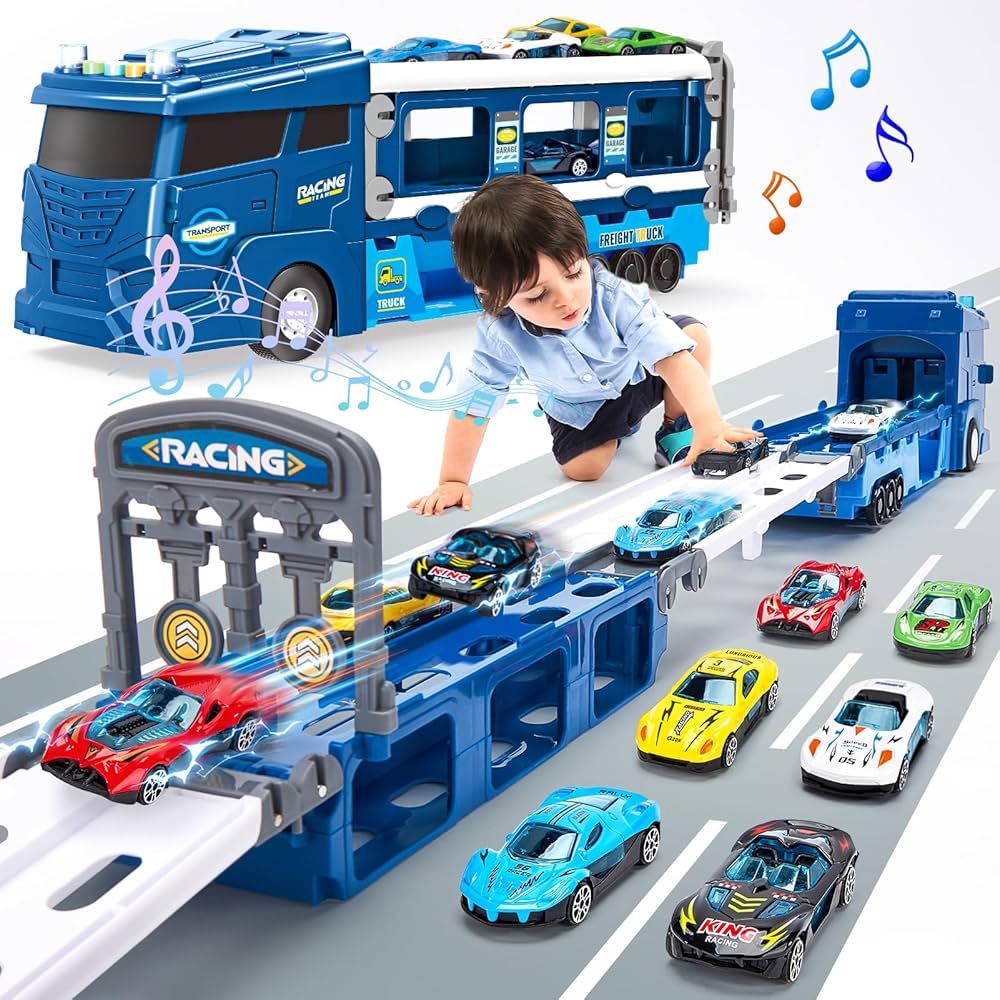 hahaland Toys for 2 Year Old Boy Birthday Gift - 2 in 1 Car Carrier Transforms into Race Tracks with Dual Launcher Toys for Ages 2-4 Boys - 2-5 Year Old Boy Birthday Gift