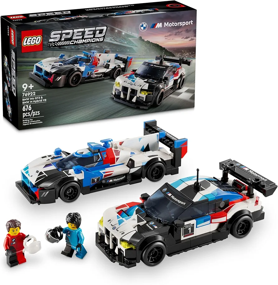 LEGO Speed Champions BMW M4 GT3 & BMW M Hybrid V8 Race Cars, BMW Toy for Kids with 2 Buildable Models and 2 Driver Minifigures, Car Toy Birthday Gift Idea for Boys and Girls Ages 9 and Up, 76922