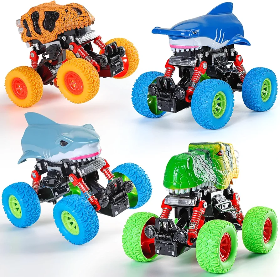 LODBY Monster Toys Trucks for Boy Age 3 4 5 6 7 8 - Shark Cars Dinosaur Toys for Toddler Boys Kids Birthday - Pull Back Cars Toys for 3-8 Year Old Boy Gifts - Friction Powered Monster Cars | 4 Pack