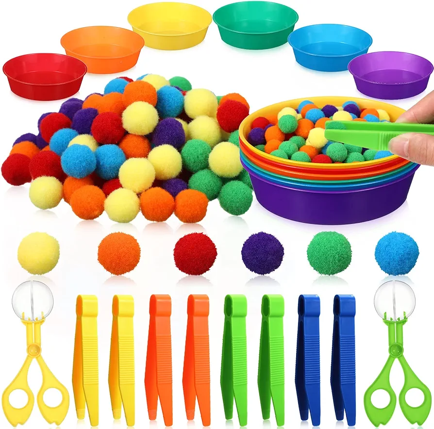 Zhanmai 142 Pcs Fine Motor Skills Toys Handy Scooper Set Sensory Bin Filler 12 Sorting Bowls 8 Tweezers 2 Scissors Clips 120 Plush Balls for Early Education and Sorting Counting Training Development