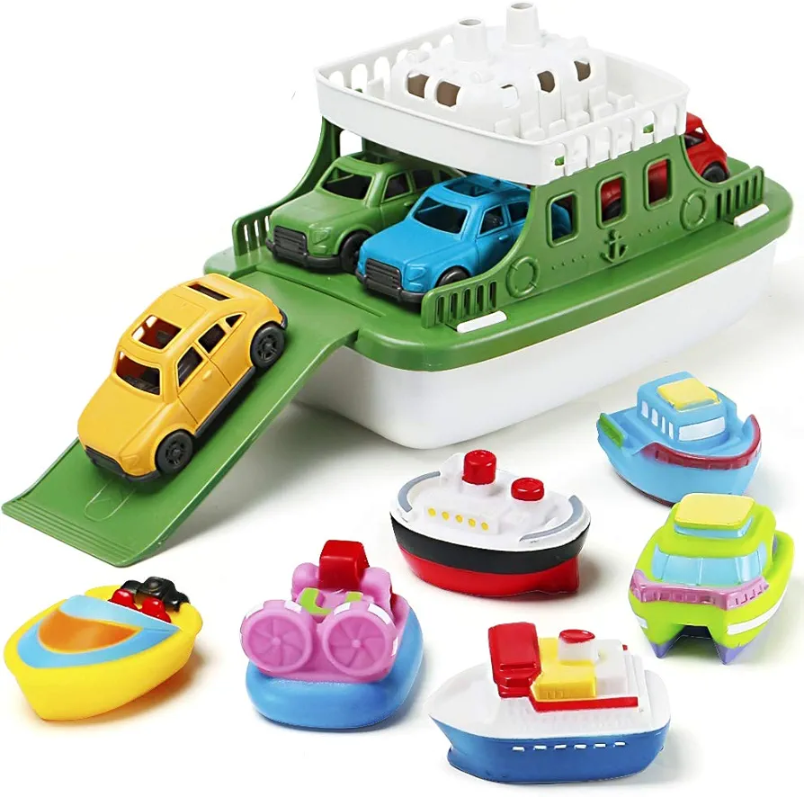 Bath Boat Toy,11 Piece Bath Boat Toy with 4 Mini Cars and 6 Boat Squirters,Floating Boat Toys for Bathtub Bathroom Pool Beach for Toddlers Boys Girls Kids