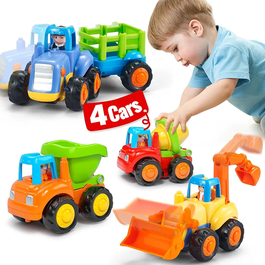 HOLA Toys for 1 Year Old Boy Birthday Gift - 4 PCS Toy Trucks Toddler Boy Toys, 4WD Friction Power Car Toys for 2 Year Old Boy Toys, Toddler Toys Age 1-2 Baby Christmas Easter Stocking Stuffers