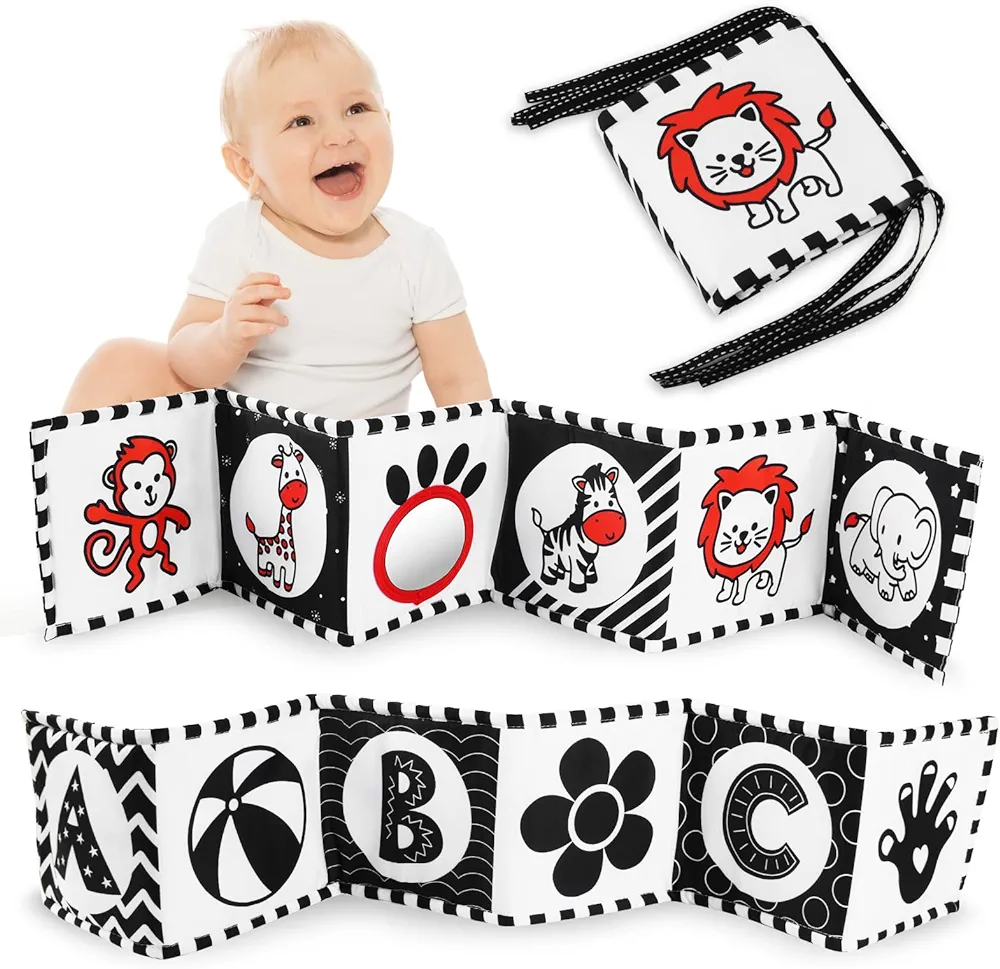 Vicloon Black and White High Contrast Baby Toys, Soft Baby Book for Newborn 0-3-6-12 Months, Infant Tummy Time Toys, Early Education Sensory Toys, Visual Stimulation Folding Cloth Book for Boys Girls