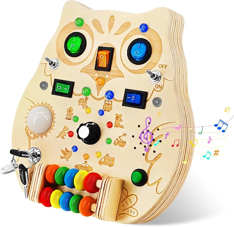 Montessori Busy Board Toys - Wooden Sensory Toy with LED Light Switches, Music, Toddler Light Switch Toys Educational Activity Travel Toys for 1+ Year Old Baby and Toddler