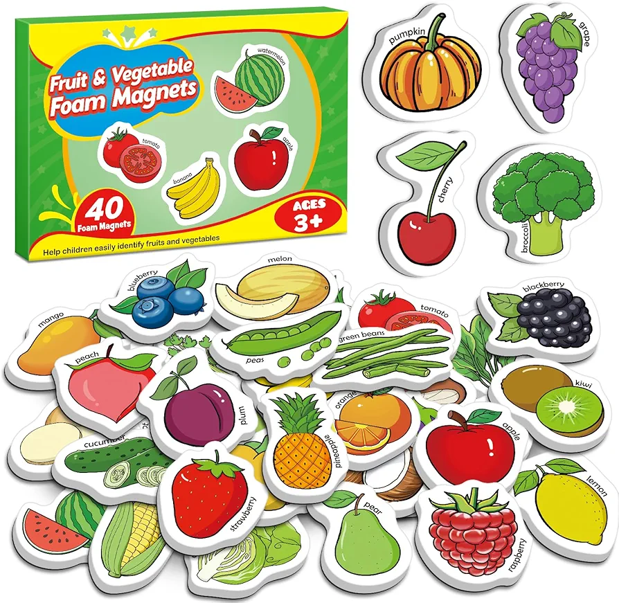 40 Food Fridge Magnets for Toddlers,Fruits Vegetables Foam Refrigerator Magnets Toys for Kids Whiteboard,Learning Games,Educational Toys,Preschool Kindergarten Learning Activities Homeschool