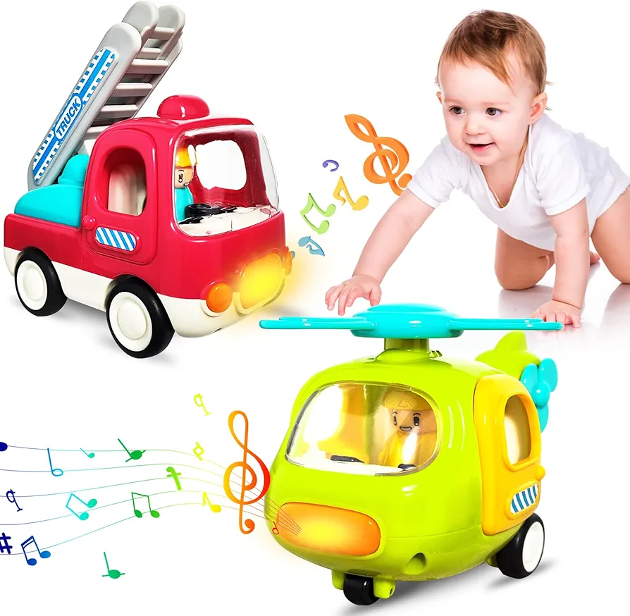 Toddler Trucks Baby Car Toys: Light up Musical Truck for 0-6 6-12 Months Inertia Push Go Cars Ages 1 2 3 Construction Vehicles Firetruck Helicopter (2 Pack)