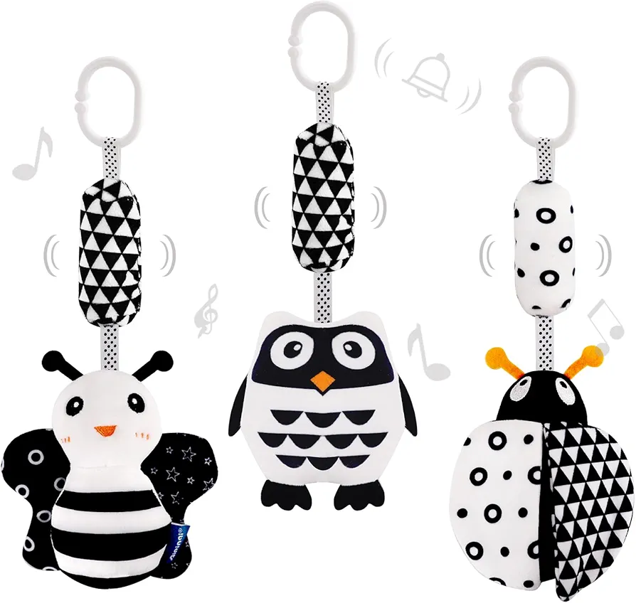 AIPINQI 3 Pack Hanging Rattle Toys,High Contrast Baby Toys and Plush Stroller Toys for Babies 0-18 Months,Newborn Car Seat Toys with Black and White Cartoon Shapes,(Ladybug,Bee & Owl)