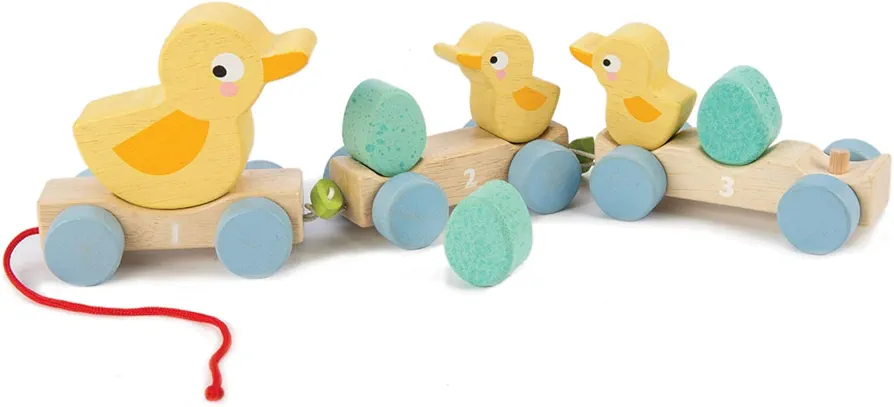 Tender Leaf Toys - Pull Along Ducks - Classic Wooden Pull Along Toy - 9pc Duck Family Set with 1 Mother Duck, 2 Baby Ducks, 3 Eggs and 3 Cars - Encourages Number Learning - 18Mths+