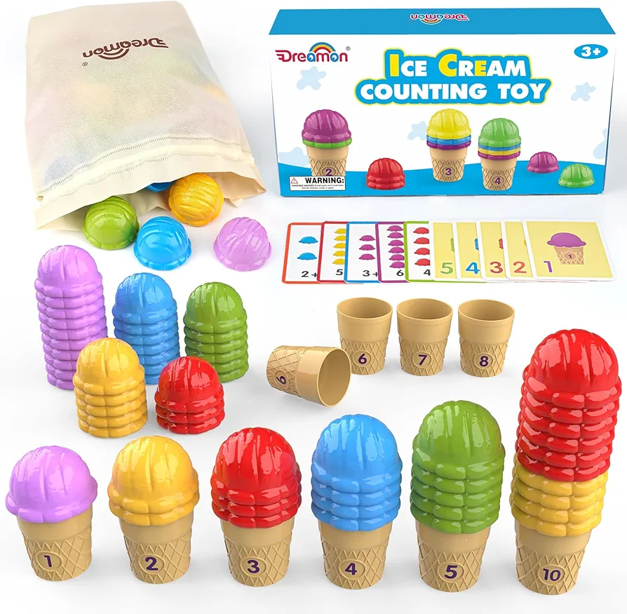 Ice Cream Color Sorting Toys for Toddlers, Montessori Counting Pretend Play Toys - 76 Pieces, Early Math Manipulatives Learning Toys with 10 Educational Number Cards for Preschool Kids