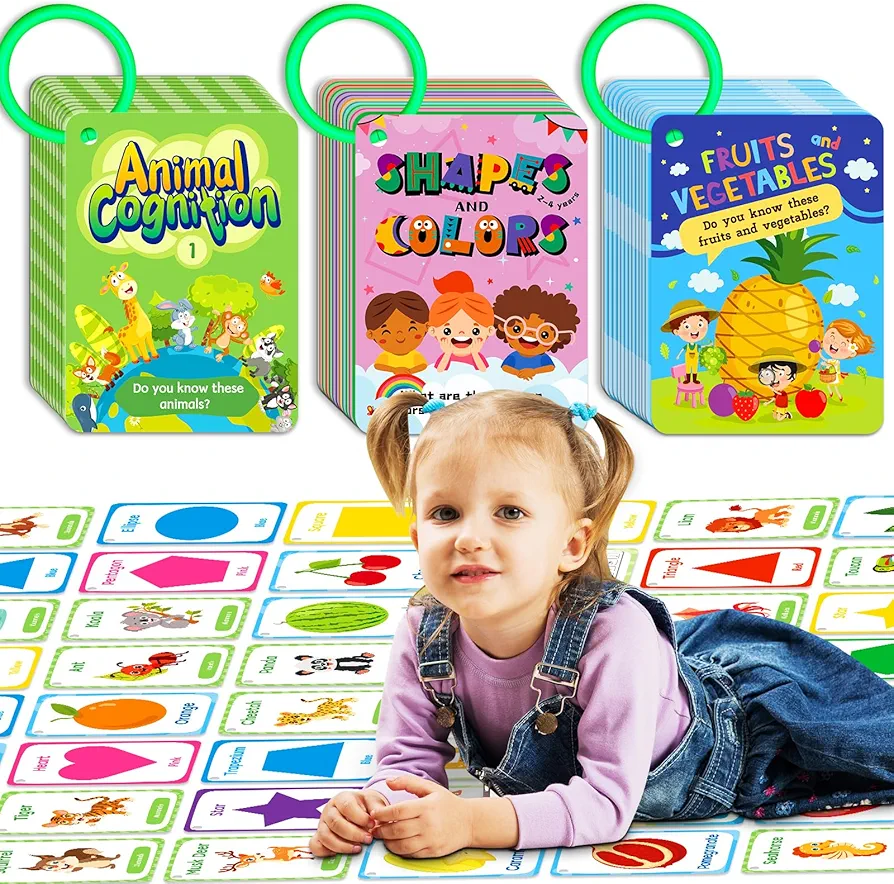 3 Pack Preschool Toddler Flash Cards, Colors Shapes Animals Vegetables Fruits Kids Flash Cards, Educational Toddler Learning Toys for 3-4 3-5 4-8 Years Old