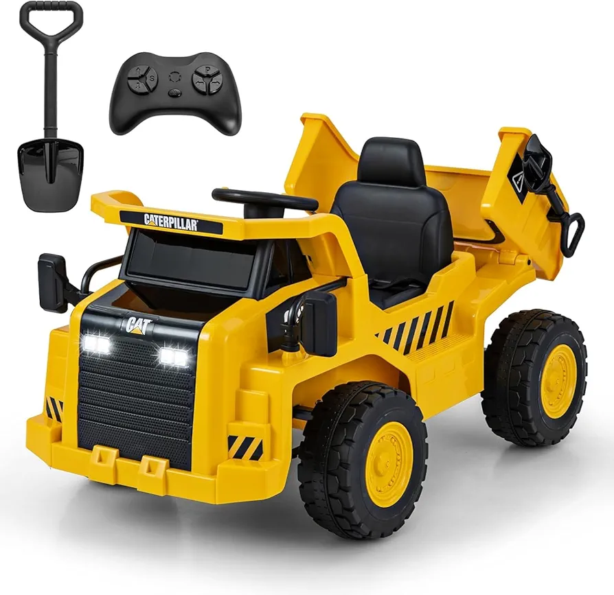 Costzon Kids Ride on Dump Truck, 12V Licensed Caterpillar Electric Vehicle W/Remote Control, Megaphone, Shock Absorbers, Tiltable Bump Bed, USB, MP3, Electric Car Gift for Boys Girls 3-6