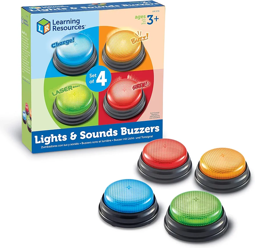 Learning Resources Lights and Sounds Buzzers,Set of 4, Ages 3+, Game Show and Classroom Buzzers, Family Game Night, Game Show Buzzers, Classroom Accessories