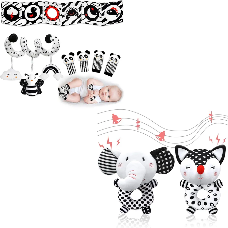 XIXILAND 3Pcs Black and White Baby Toys & Baby Rattles 0-6 Months, High Contrast Baby Toys for Newborn Toys Infant Toys 0-6 Months, Sensory Montessori Toys for 0 3 6 9 12 Months Girls Boys