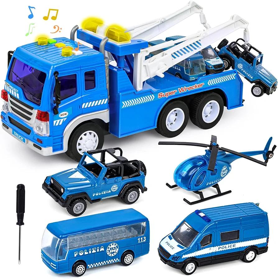 LovesTown 5PCS Blue Truck Toy Set, Tow Truck with Lights and Sounds and Small Die-cast Toy Trucks Police Wrecker Truck Set for Kids Birthday Present