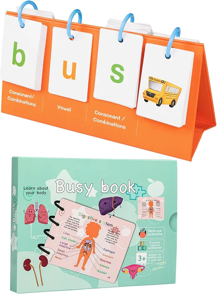 CVC, CVCC & CCVC Word Builder Games, Phonics Flash Cards & Busy Book for Toddlers, Human Body Anatomy Activity Book Montessori Learning Education Toys