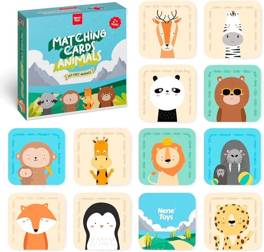 Nene Toys Animal Matching Cards - Memory Game for Kids 2-5 Years - Multilingual Educational Game with Complexity Levels for Cognitive Development in Toddlers 2+ Years - Gift for Boys Girls [40 Cards]