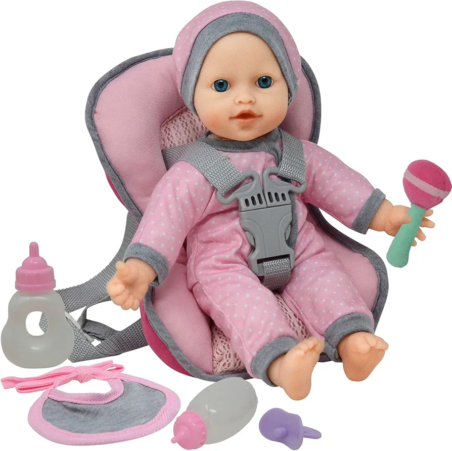 Doll Travel PlaySet - Baby Doll Car Seat Carrier Backpack with 12 Inch Soft Body Doll Includes Doll Bottles and Toy Accessories … (Caucasian)