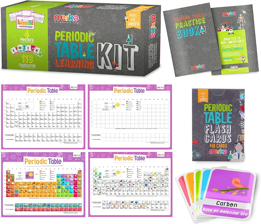 merka Periodic Table for Kids Table Periodic Table Gifts Learning and Educational Toys Chemistry and Science Education Set with 4 Posters 118 Flashcards and Practice Book with Exercises and Puzzles