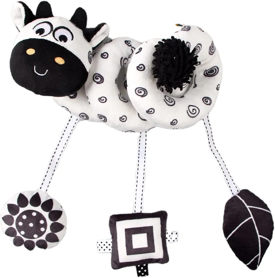 Baby Hanging Stroller Toy, Animal Spiral Plush Circle Activity Car Seat Travel Toys, Black and White Squeak Early Educational Toy for Newborn Boys or Girls