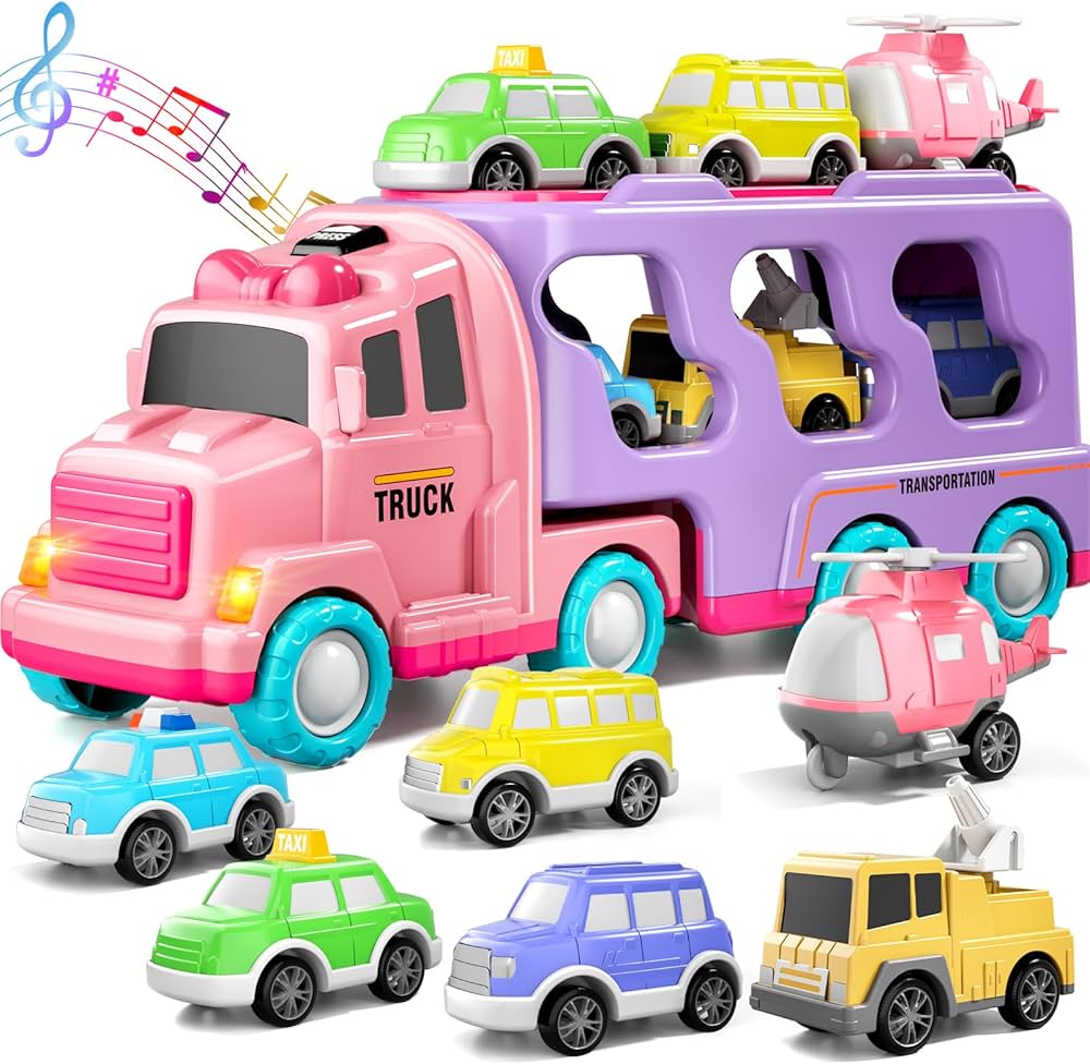 Bennol Car Truck Toys for 1 2 3 4 5 Year Old Girls Toddlers, 7-in-1 Carrier Truck Toddler Girl Bus Toys, Friction Power Toy Cars with Light & Sound, 1 2 3 4 5 Year Old Girls Birthday Toys