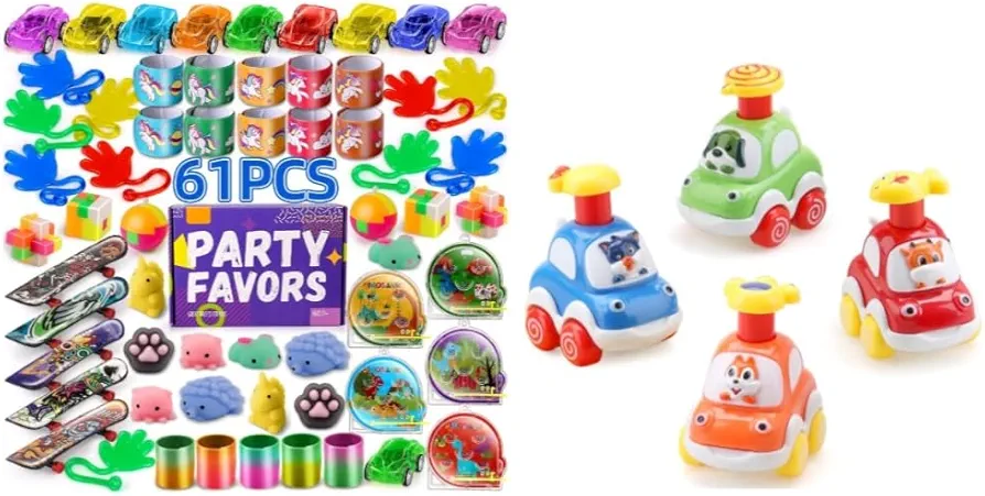 Amy&Benton 61PCS Treasure Box Toys Classroom Prizes Kids Birthday Party Favors Pinata Stuffers Prize Box Items Gift Bag Fillers + Baby Toy Cars for 1 2 Year Old Toddler Cartoon Wind up Cars for Boys