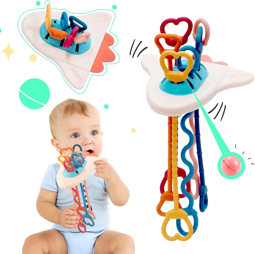 Montessori toys for babies 6-12 months Baby Food Grade Silicone Sensory Travel Pull String Rattle Teething Toys for 3-6 Months 1 Year Old Hang on Stroller Crib Car Seat Fidget Gift for Infant Toddler