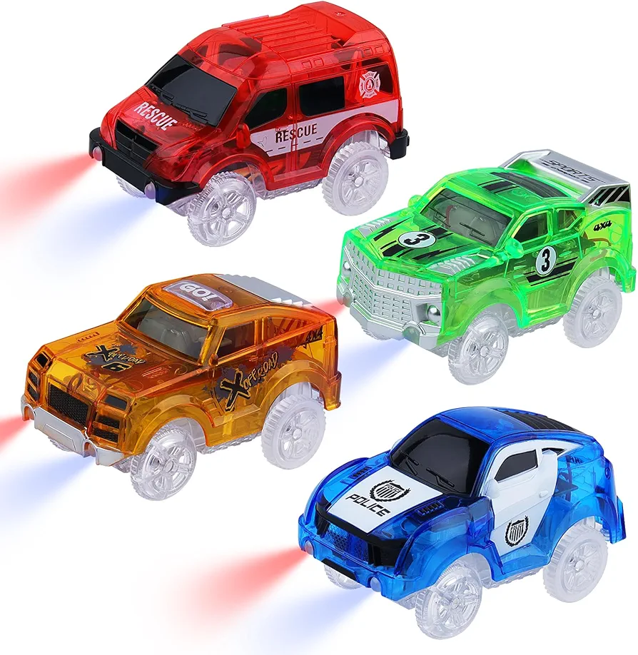 Tracks Cars Magic,Light Up Magic Toy Race Cars Glow in The Dark Toy Cars Gifts for 3 4 5 6 7 8 Kid,Boy&Girl with 5 LED Flashing Light Battery Operated Vehicle Compatible with Most Race Tracks(4pcs)