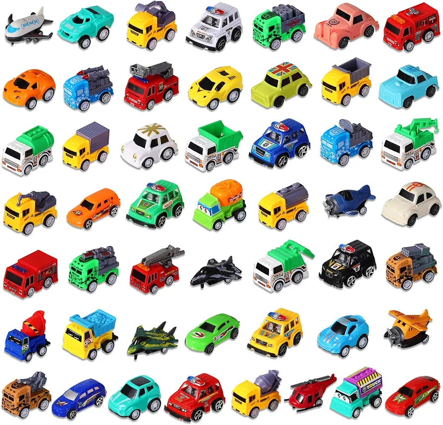 Sratte 50 Pcs Pull Back Cars and Trucks Toy Bulk City Cars Plane Vehicles Model Car Construction Toy Pull Back Digger for Boys and Girls' Education, Party Favor Bulk Cake Decorations Birthday Gift