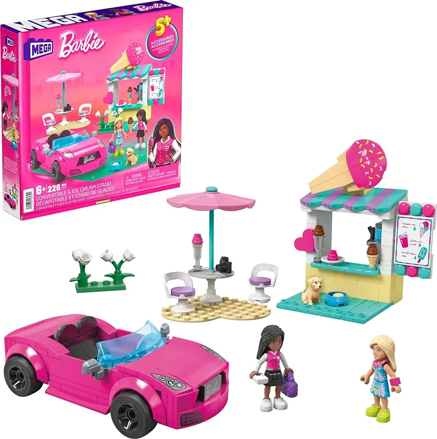 Mega Barbie Car Building Toys Playset, Convertible & Ice Cream Stand with 225 Pieces, 2 Micro-Dolls and Accessories, Pink,