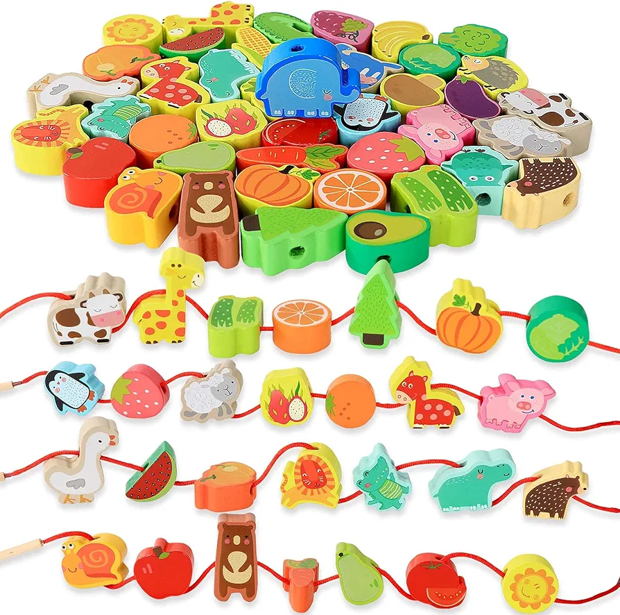 Montessori Educational Threading Toys Wooden Stringing Farm Animals Fruits Lacing Beads Preschool Toy for Toddler 3 4 5 Year Old Boys Girls