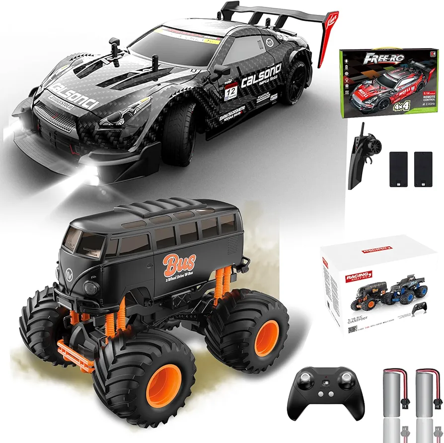 Remote Control Car RC Drift Car 1:16 Scale + RC Monster Trucks 1:16 Scale 2.4GHz Off Road Truck for Boys High Speed Racing Sport Toy Car for Adults Boys Girls Kids Gift 2Pcs Rechargeable Batte