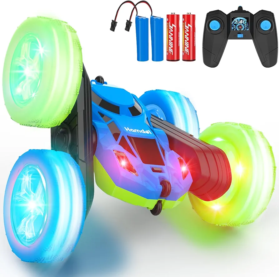 Remote Control Car for Kids RC Stunt Cars with Cool Wheel Lights 360° Rotating Boys Toys for Ages 6 7 8 9 10-12 Kids Gift Ideal(Blue&Green)