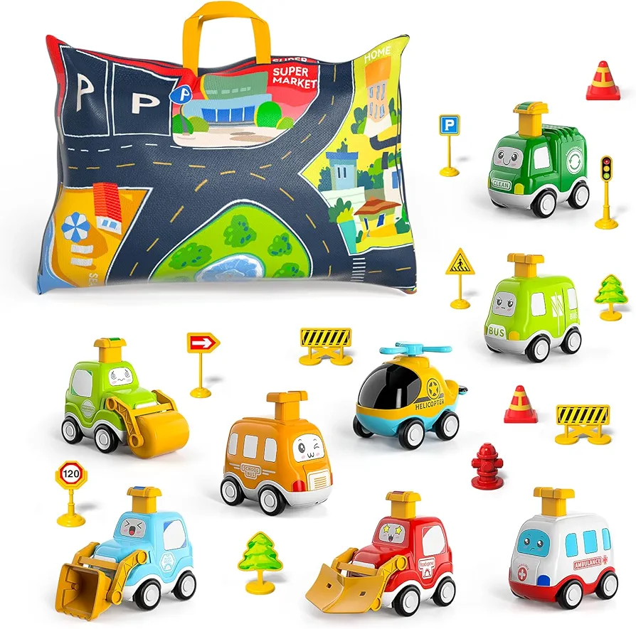 Bennol Toy Cars for Toddlers 1-3, 8 Pieces Push Cars for Toddlers 1-3 Boys Babies and Playmat Storage Bag Set, Infant Toys for 1 2 3 Years Old Boys Babies Toddlers Birthday Gifts