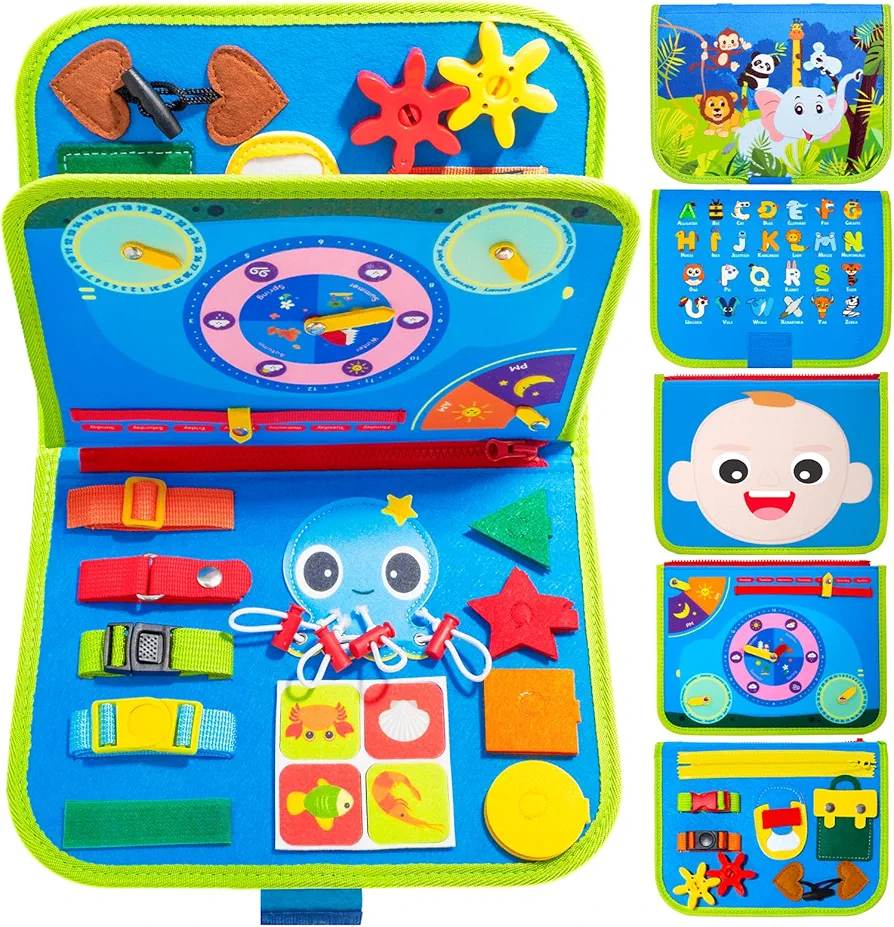 Hely Cancy Toddler Busy Board, Montessori Toys for 0 1 2 3 4 5 Years Baby Kids Busy Book Car Airplane Activities Preschool Toys for Learning (Blue-Basic)