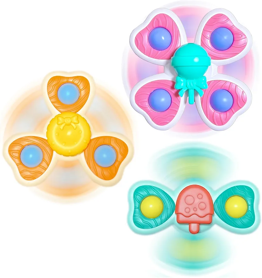 Suction Cup Spinner Toy for Baby 3PCS Kids Spinning Top Toys 1-3 Year Old Boy Bath Toys Early Education Spinning Toys Sensory Toys for Toddlers Infant 6 12 18 Months Birthday Gifts Bath Toy