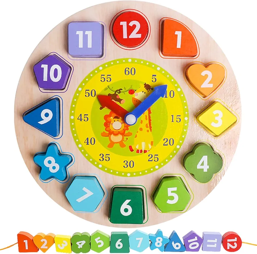 Skrtuan Wooden Shape Color Sorting Clock- Teaching Time Number Blocks Clock Shape Patterns Sorting and Animal Puzzle Montessori Early Learning Educational Toy Gift for 1 2 3 Year Old Toddler Baby Kids