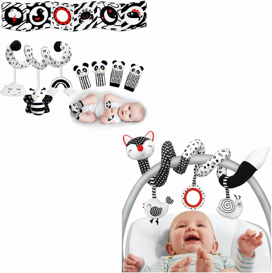 XIXILAND 3 Pcs Black and White Baby Toys & Car Seat Toys Stroller Toys, Infant Toys 0-6 Months High Contrast Baby Toys for Newborn Toys Sensory Montessori Toys for 0 3 6 9 12 Months Girls Boys