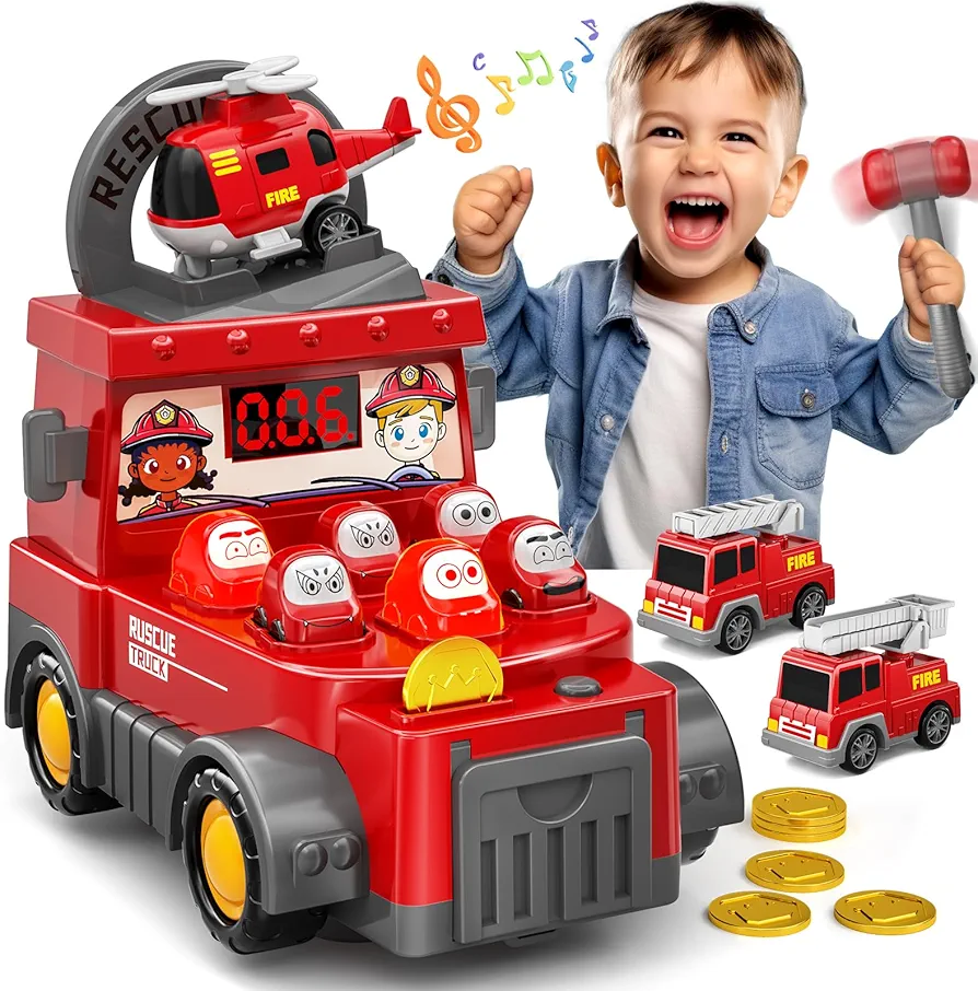 Doloowee 2 in 1 Whack Game Mole Toy for Toddlers,Fire Truck Toy for Kids 3 4 5 6 7 8 with 2 Fire Engine Car 1 Helicopter Mini Electronic Arcade Game Pounding Toys for Boys Girls Birthday