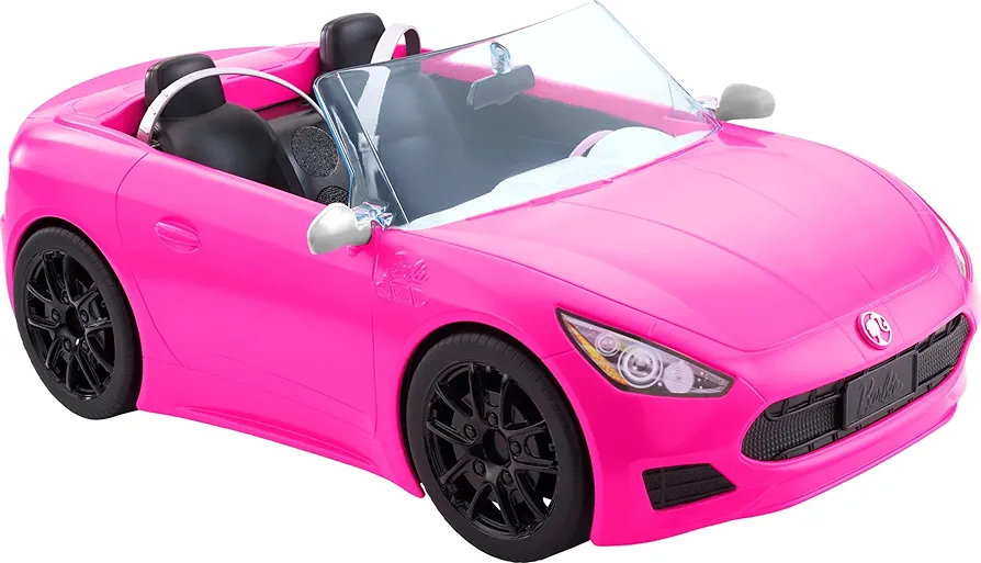 Barbie Toy Car, Bright Pink Doll-Sized Convertible with 2 Seats, Seatbelts & Rolling Wheels, Realistic Details