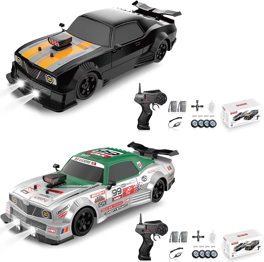 2PCS RC Drift Cars 2.4GHz 1:16 Scale 4WD High Speed Remote Control Cars with LED Lights Two Batteries and Drifting Tires Racing Sport Toy Cars for Adults Boys Girls Kids Gift