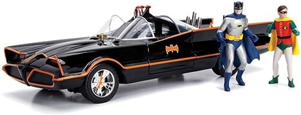 Jada 98625 DC Comics Classic TV Series Batmobile Die-cast Car, 1:18 Scale Vehicle & 3" Batman & Robin Collectible Figurine 100% Metal, Black