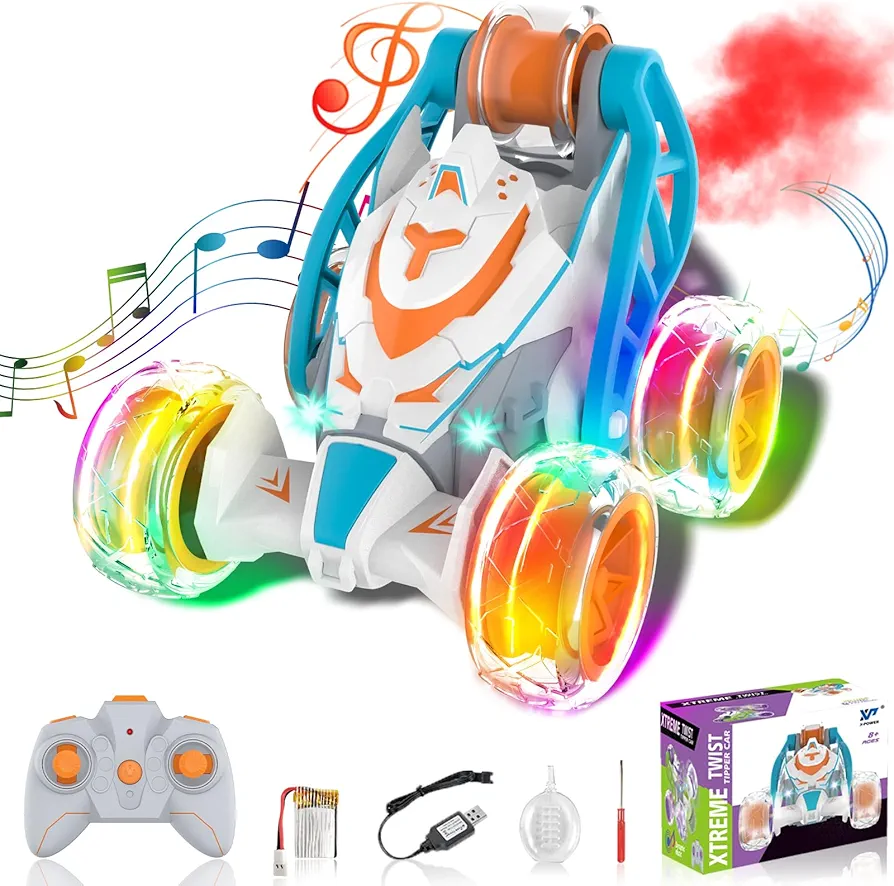 Remote Control Car for Kids, RC Stunt Car 360°Rolling Twister RC Mini Car 2.4GHz 4WD Racing Car with Colorful Lights & Music Switch and Spray Flips Rotating Car Toy for Boys Girls