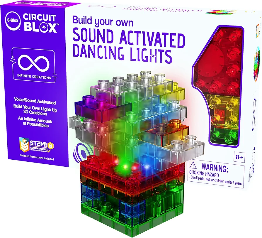 E-BLOX Build Your Own Sound Activated Dancing Lights STEM Kit, Reacts to Voice & Dances to Music, Building Blocks Circuit Toy Set for Kids, Birthday Gift, Boys, Girls, 5+