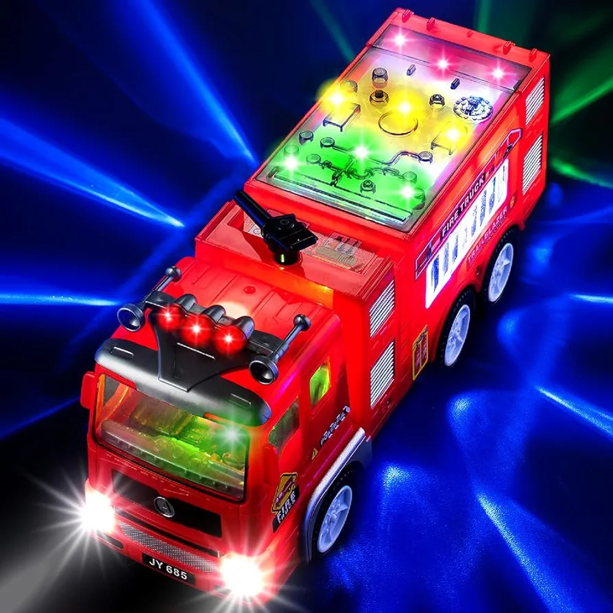 Zetz Brands Fire Truck Toy for Boys, Girls, Kids, w/ 4D LED Lights, Toddlers - Age 3+ Fire Engine Push Toy Car for Little Fireman Real Firetruck Siren Sound, Bump & Go – Ideal Birthday