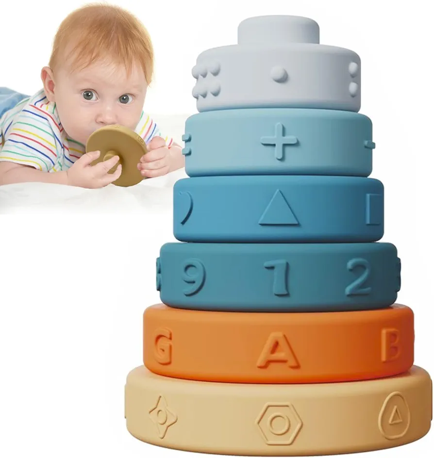 Early Education Learning Stacking Tower|Building Block Toys Soft Texture Baby Teethers, Letters, Numbers, Symbols and Graphics, Toddler Learning Sensory Toys，Fine Motor Skills Toy for Boy & Girl