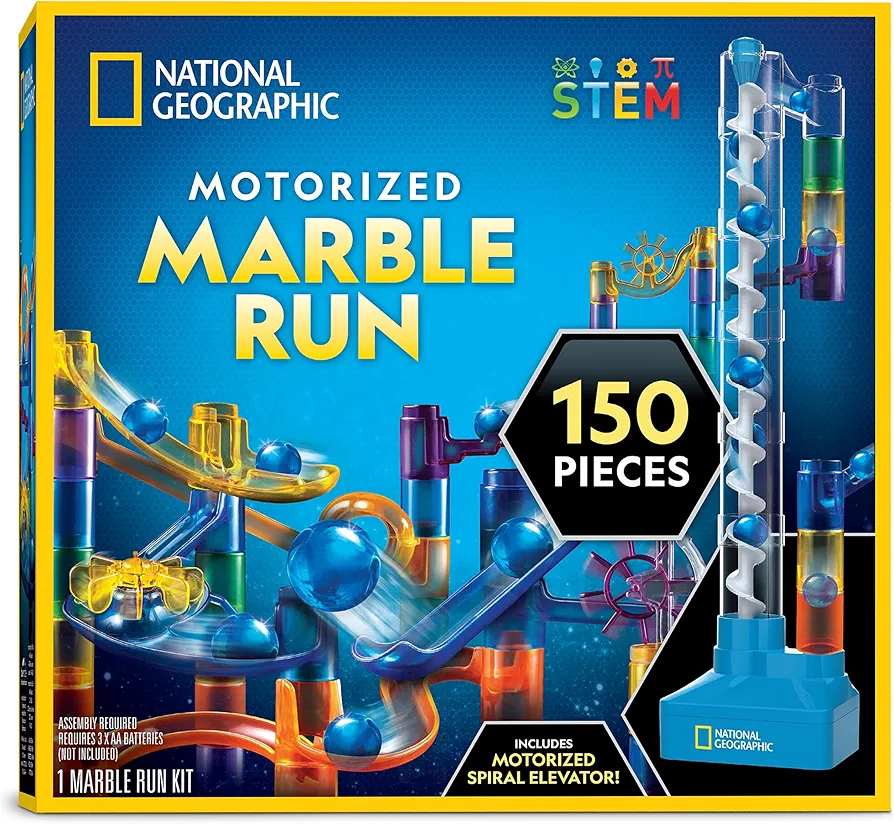 NATIONAL GEOGRAPHIC Marble Run with Motorized Elevator - 150-Piece Marble Maze Kit with Motorized Spiral Lift, 30 Marbles, Storage Bag & More, Perpetual Motion Machine, Marble Game, Kids Physics Toys